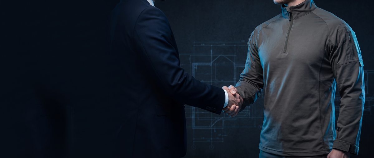 Strike20 distributor program - a soldier in the EmberX tactical uniform shaking hands with a business partner