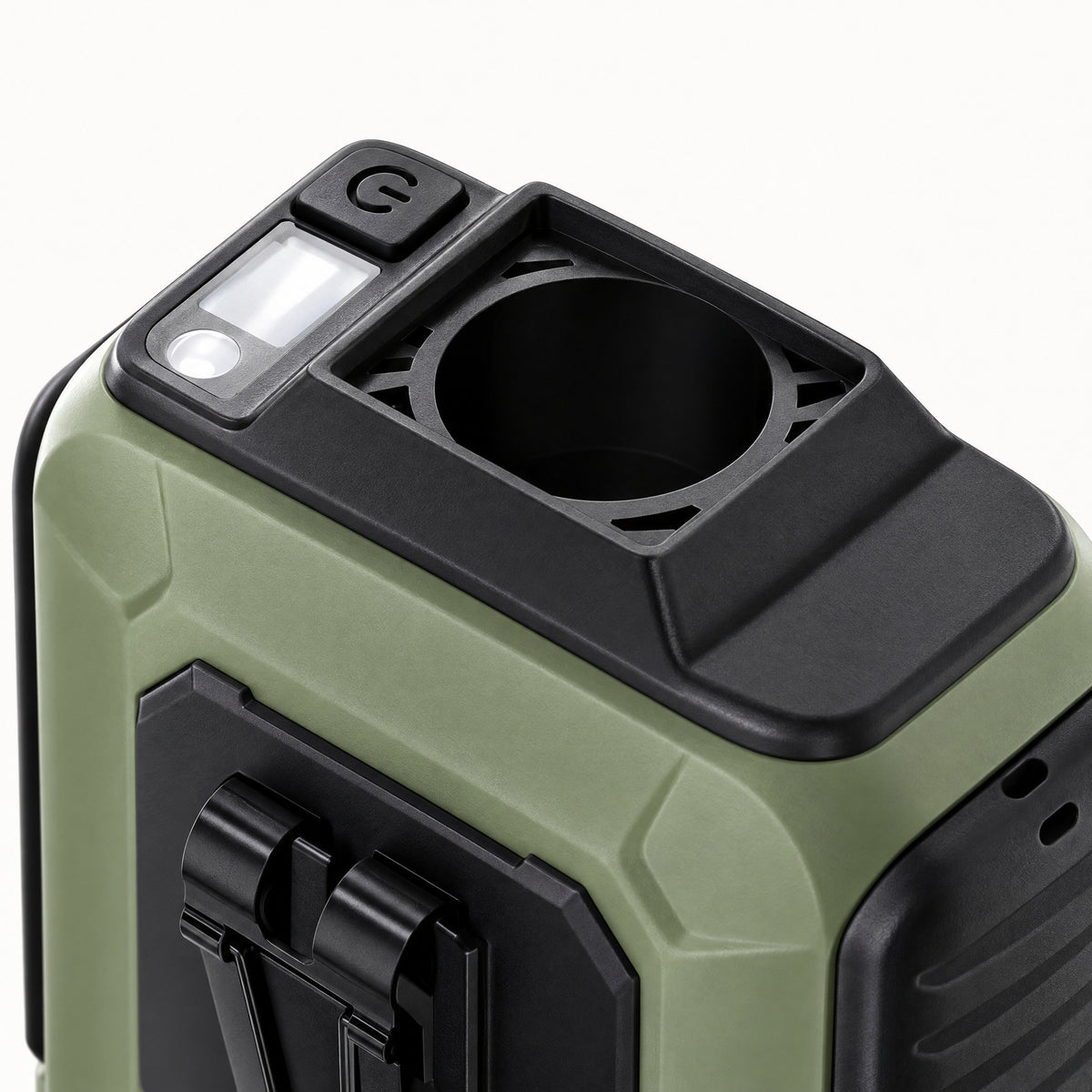 Close-up of the Portable Tactical Fan top-mounted controls and air outlet