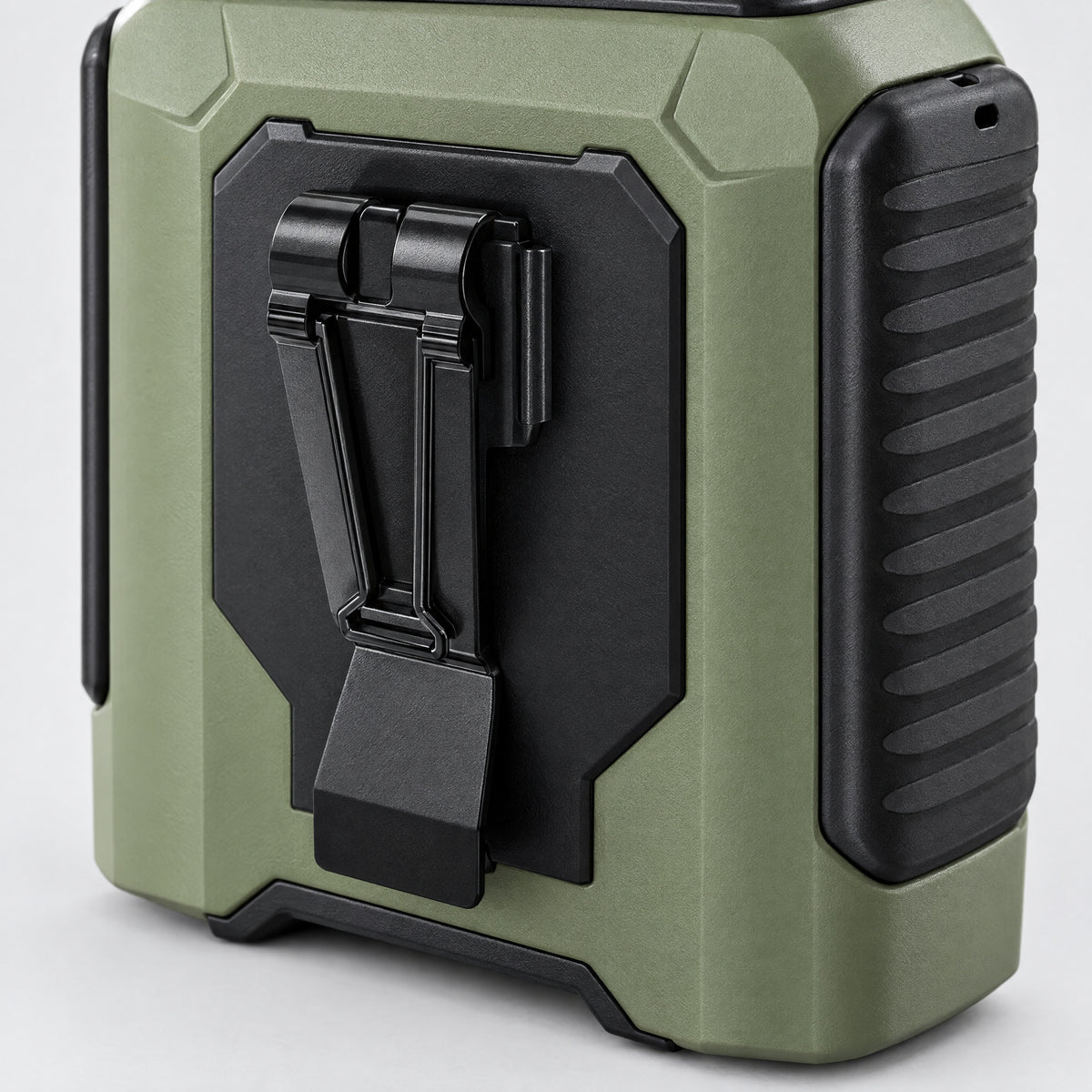 Close-up of the Portable Tactical Fan rear clip and Ranger Green casing