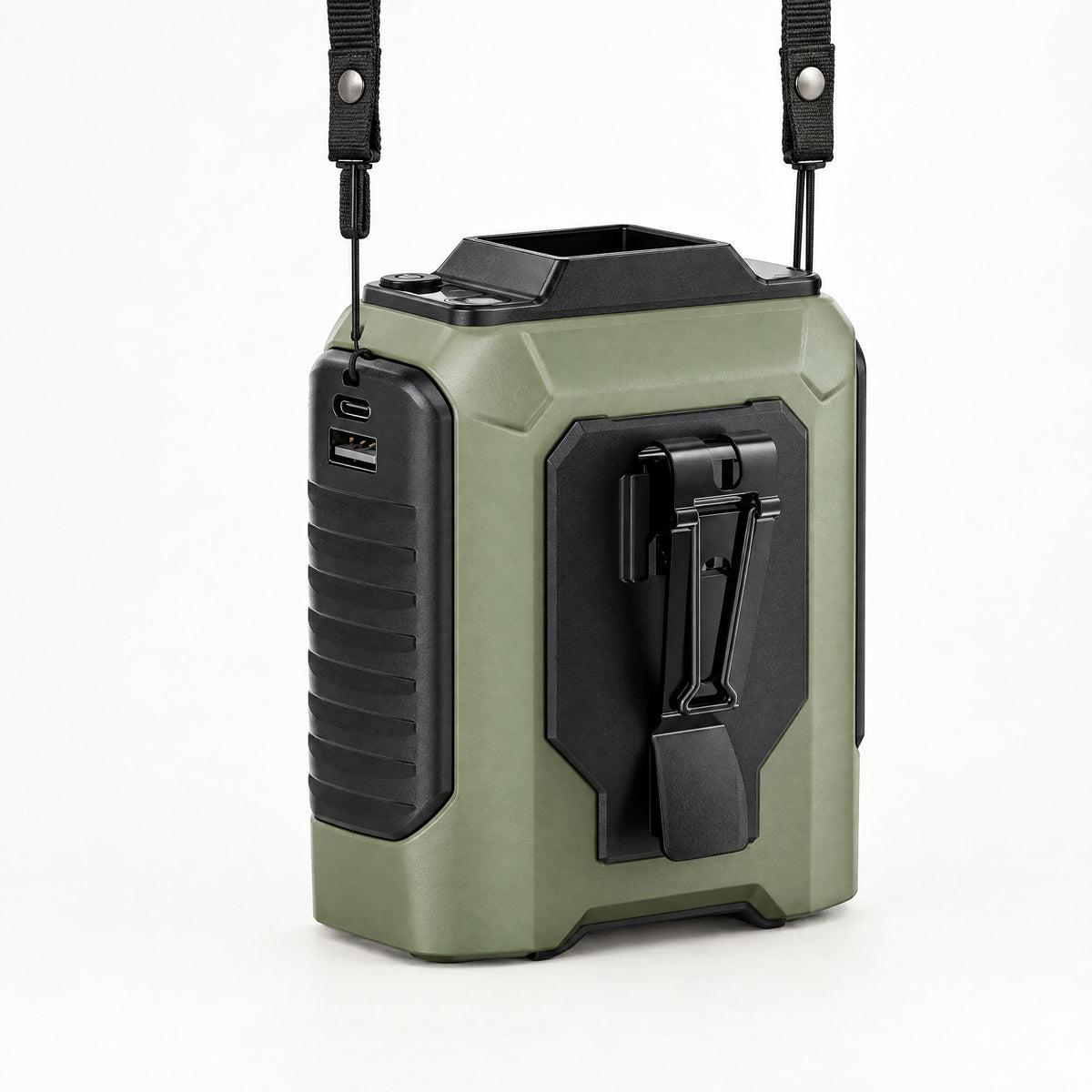 Portable Tactical Fan in Ranger Green, upright with a strap